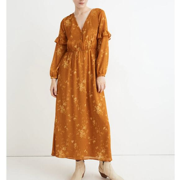 Madewell Ruffle-Sleeve Button-Front Dress Tonal Botanical Orange Floral Maxi 4 - Picture 2 of 10